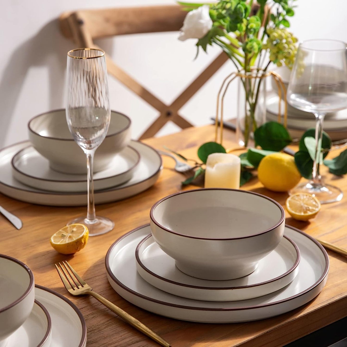 SLUDW013 Dinnerware Set - White With Matte Coffee Rim