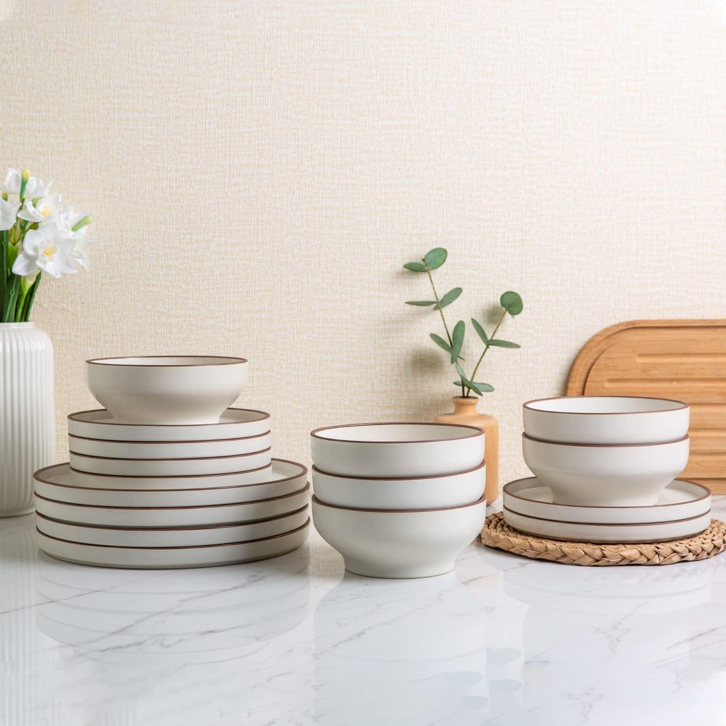 SLUDW013 Dinnerware Set - White With Matte Coffee Rim