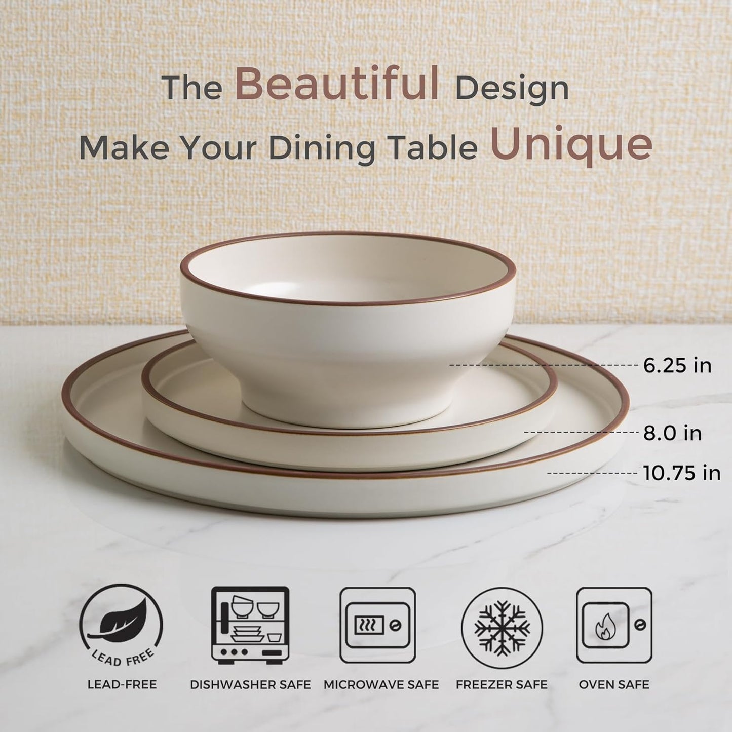 SLUDW013 Dinnerware Set - White With Matte Coffee Rim